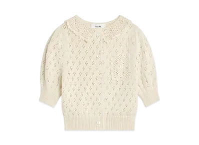 CELINE Women's Cropped Cardigan in Pointelle Cotton "Off White"