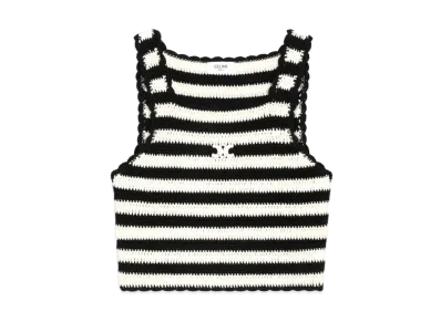 CELINE Triomphe Striped Crochet Crop Top in Cotton "Black/Ecru"