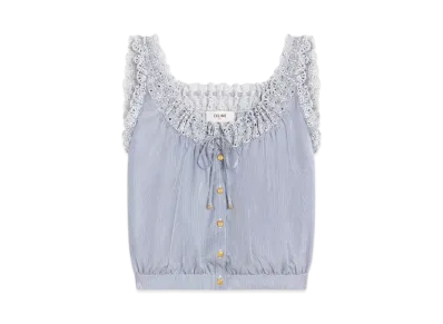 CELINE Women's Embroidered Folk Top in Striped Cotton and Cashmere "Craie/Marine"