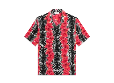 CELINE Hawaiian Shirt In Crepe de Chine "Craie/Black/Rouge"