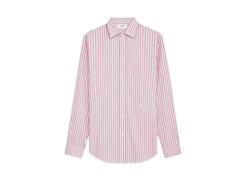CELINE Men's Loose Shirt in Striped Cotton Poplin "White/Raspberry"