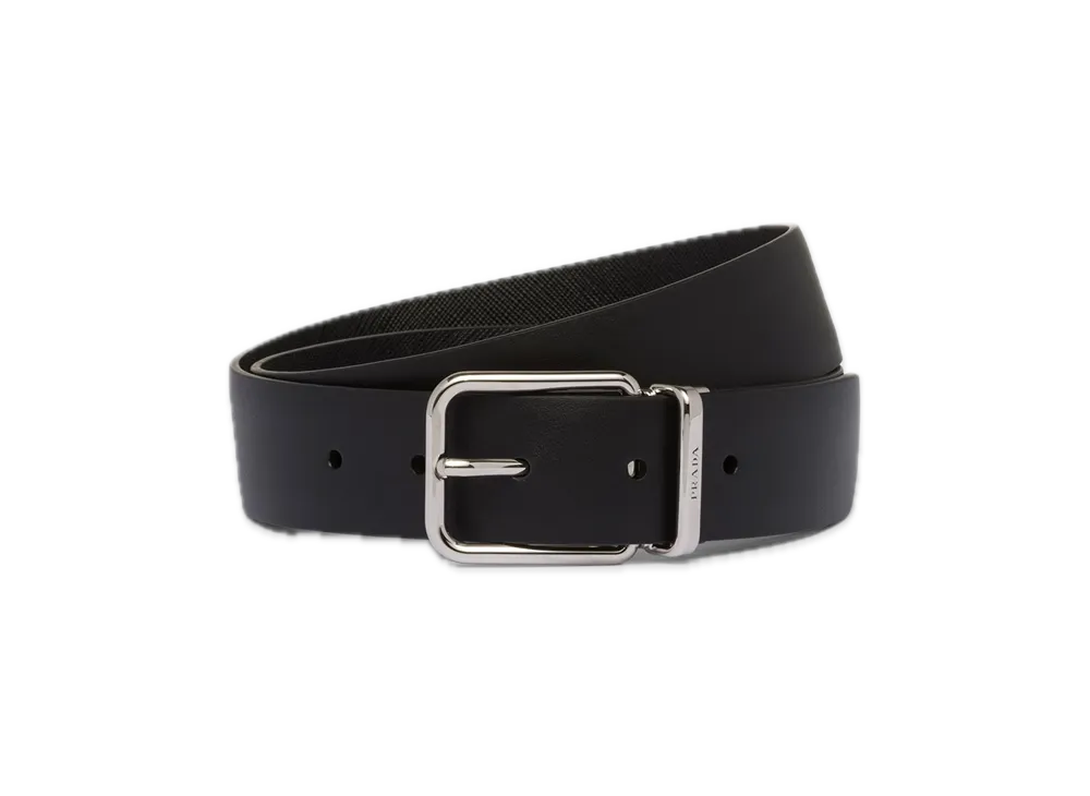 PRADA Saffiano Leather x Leather Reversible Belt "Black"