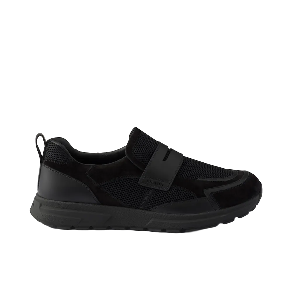 PRADA Prax Mesh Fabric and Leather Loafers "Black"