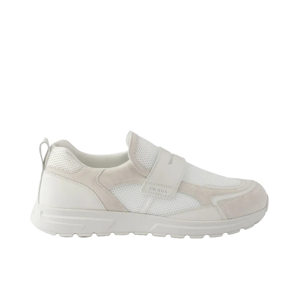 PRADA Prax Mesh Fabric and Leather Loafers "White"
