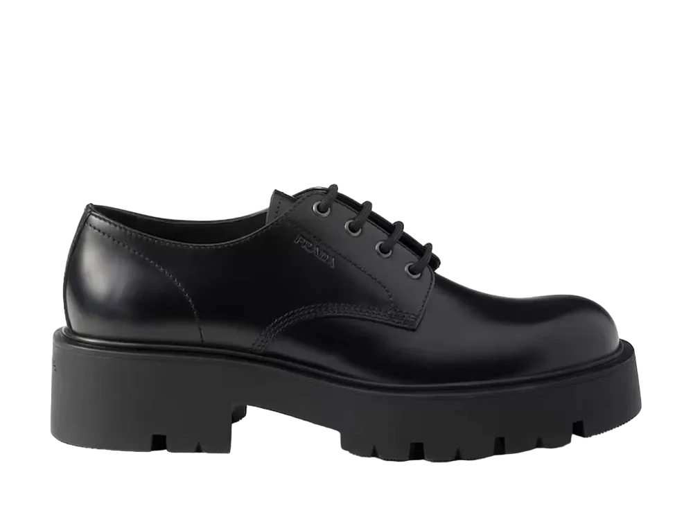 PRADA Men's Brushed Leather Derby Shoes "Black"