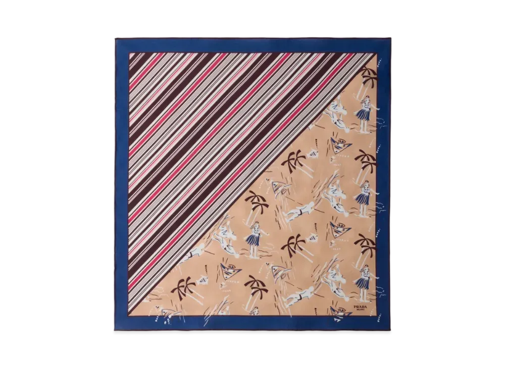 PRADA Printed Cotton Twill Scarf "Beige Pink/Burnt Brown"