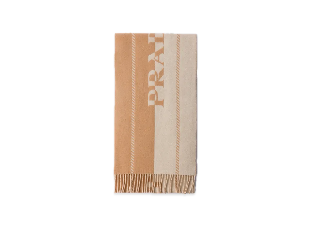 PRADA Small Wool Scarf with Jacquard Logo "Ivory/Camel"