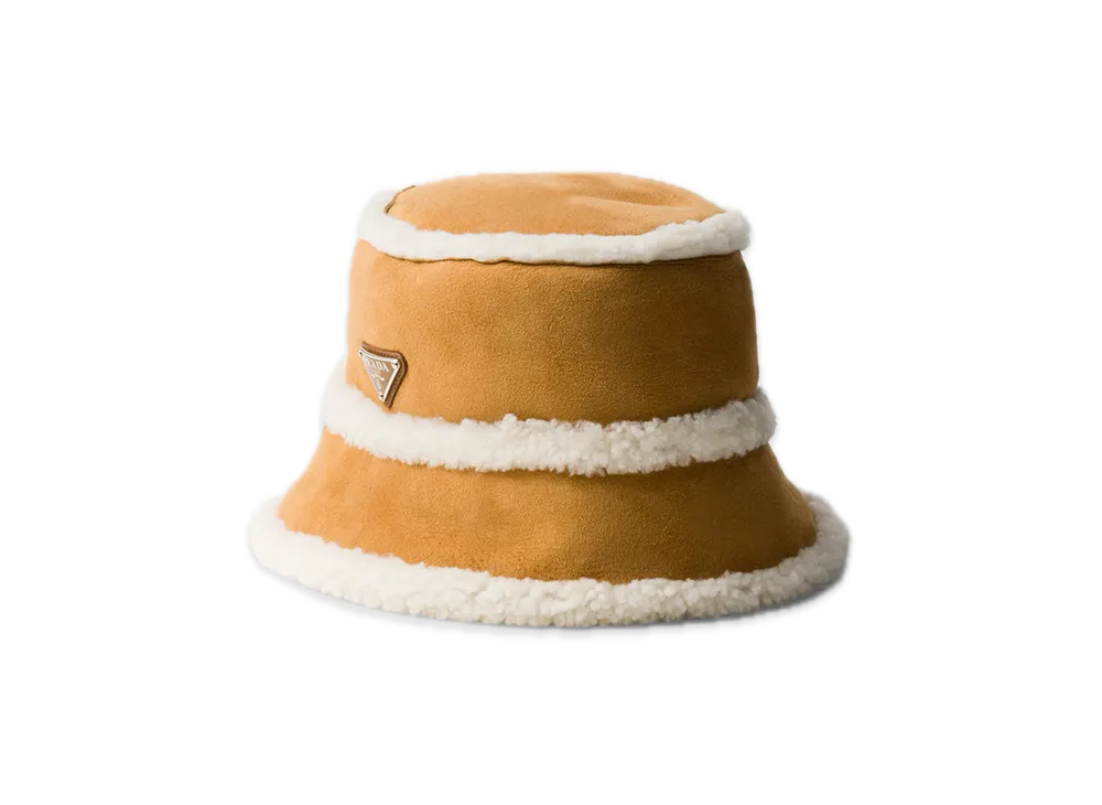 PRADA Suede Shearling Bucket Hat "Beige"