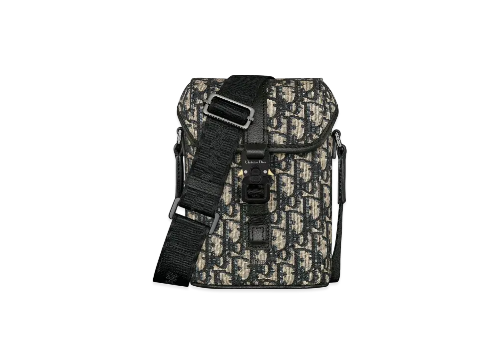 Dior Mini Dior Hit The Road Vertical Messenger Bag with Flap Dior Oblique Jacquard with Grained Calfskin "Beige/Black"
