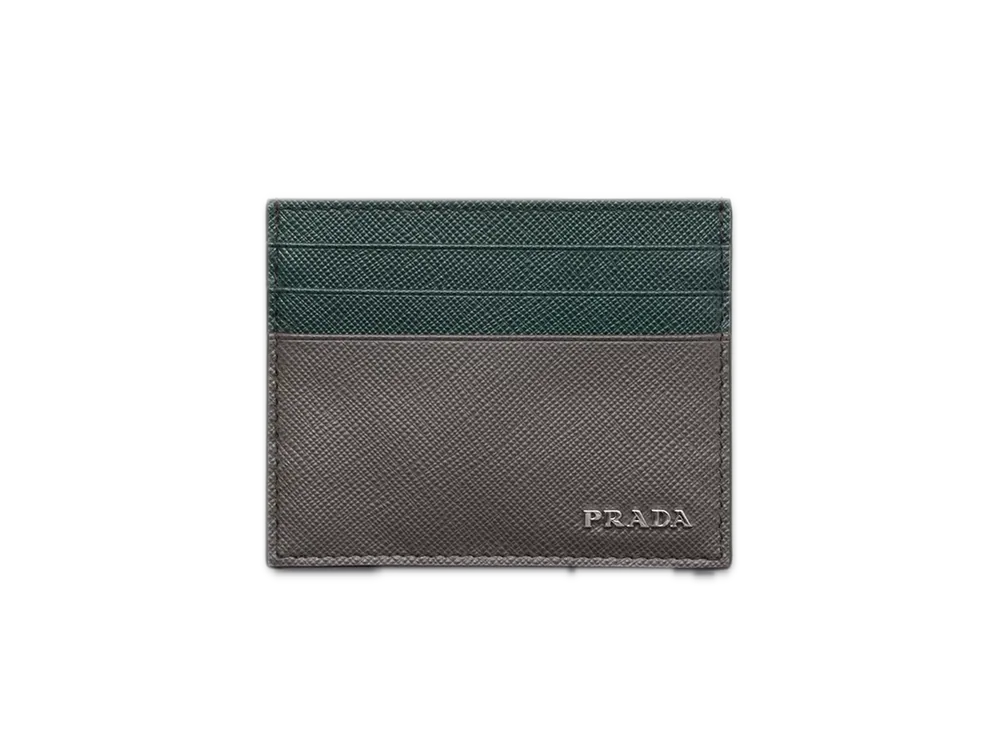 PRADA Saffiano Leather Card Case "Gray/Emerald"