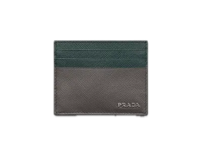 PRADA Saffiano Leather Card Case "Gray/Emerald"
