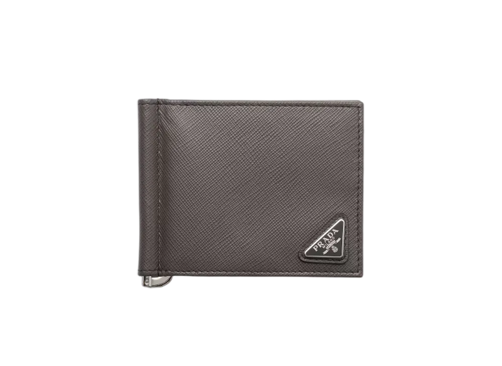 PRADA Saffiano Triangle Wallet with Money Clip "Gray"