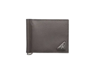 PRADA Saffiano Triangle Wallet with Money Clip "Gray"