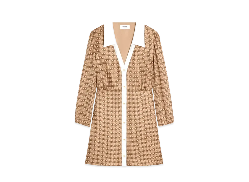CELINE Mini Shirt Dress In Silk Twill "Beige/Marron/Cream"
