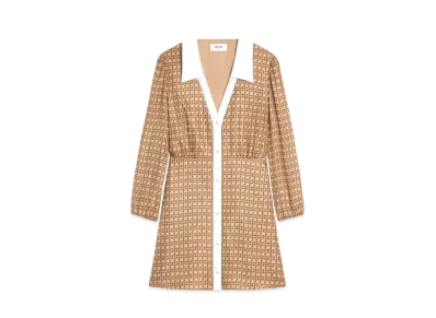 CELINE Mini Shirt Dress In Silk Twill "Beige/Marron/Cream"