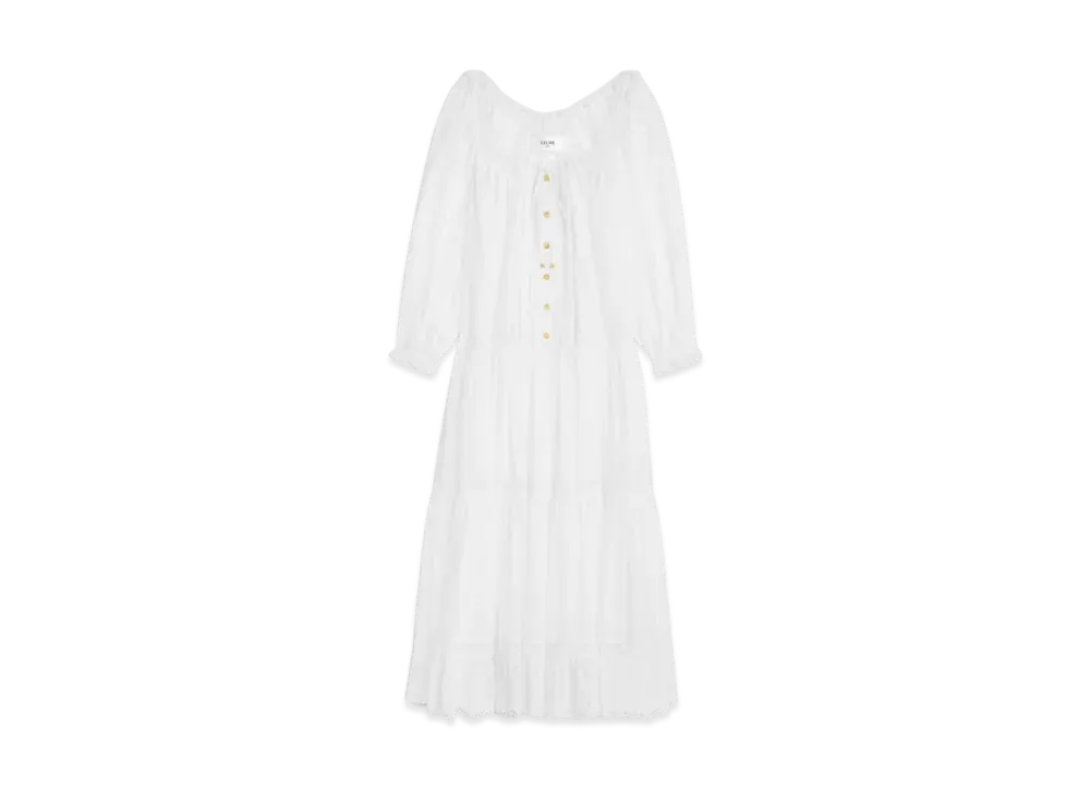 CELINE Women's Embroidered Folk Dress in Cotton Muslin "Craie"