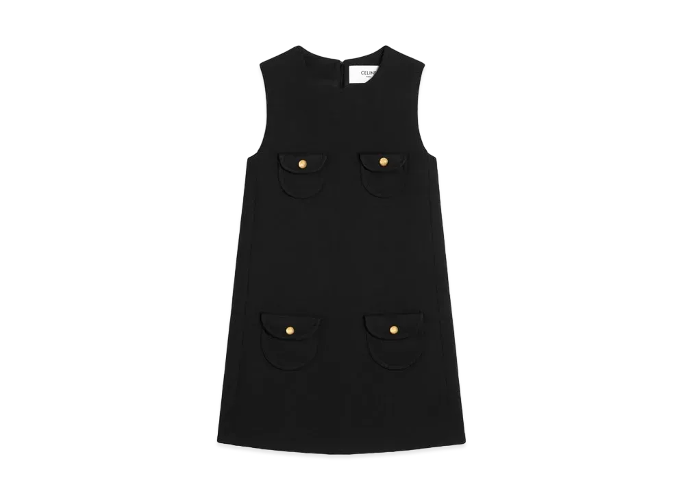 CELINE Trapeze Mini Dress In Double Faced Wool Tricotine "Black"