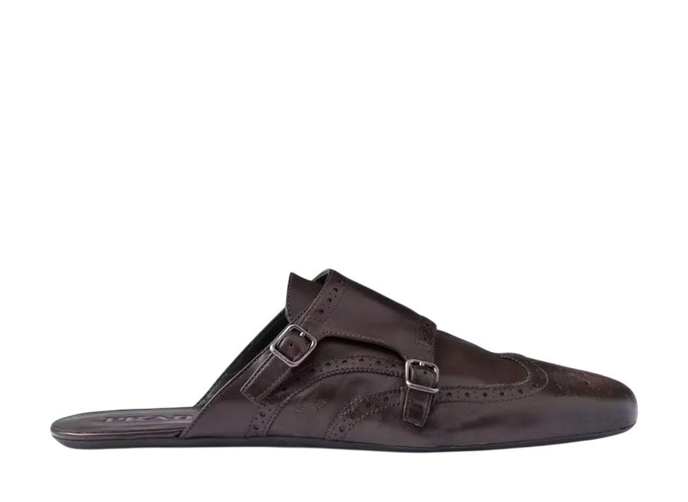 PRADA Double Monk Strap Leather Mules "Dark Brown"