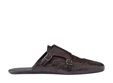 PRADA Double Monk Strap Leather Mules "Dark Brown"