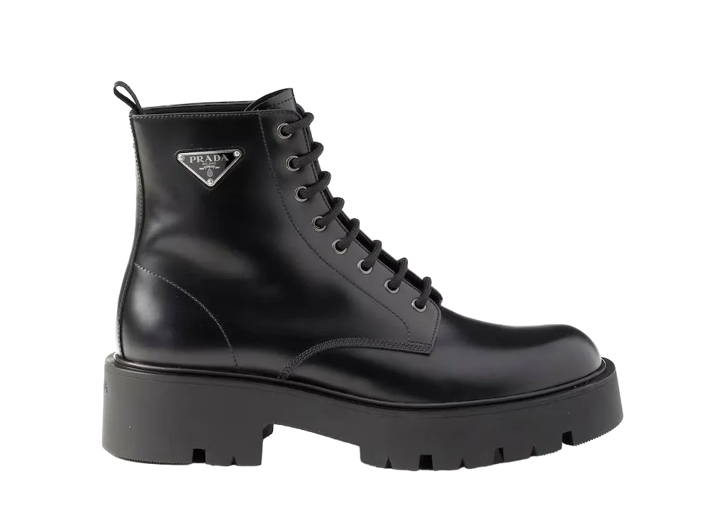 PRADA Men's Brushed Leather Combat Boots "Black"