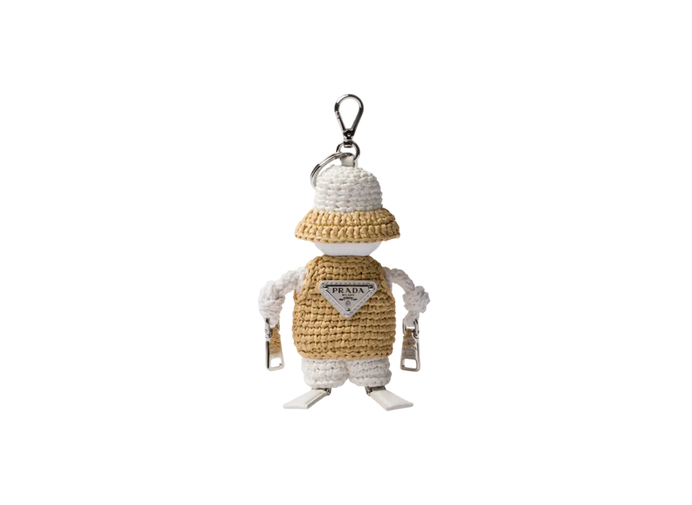 PRADA Soft Robot Raffia-Effect Bag Pendant "Beige/White"