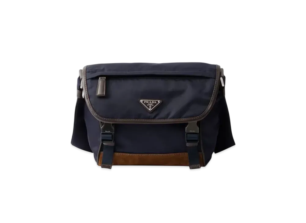 PRADA Small Re-Nylon and Leather Shoulder Bag "Navy/Dark Brown"