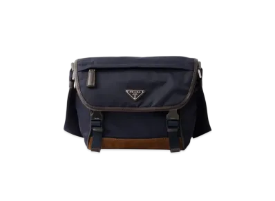PRADA Small Re-Nylon and Leather Shoulder Bag "Navy/Dark Brown"
