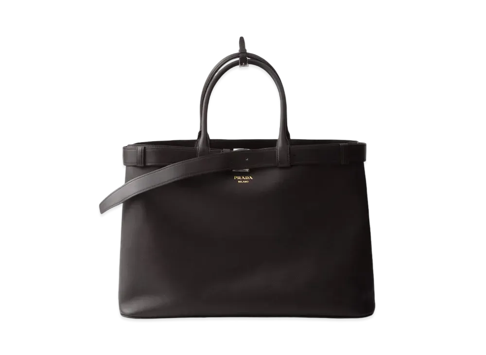 PRADA Buckle Leather Bag with Belt "Dark Brown"