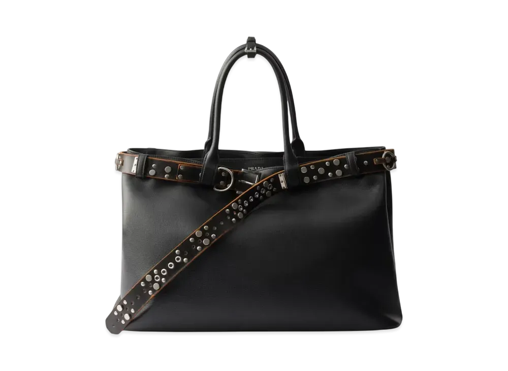 PRADA Buckle Leather Bag with Studded Belt "Black"