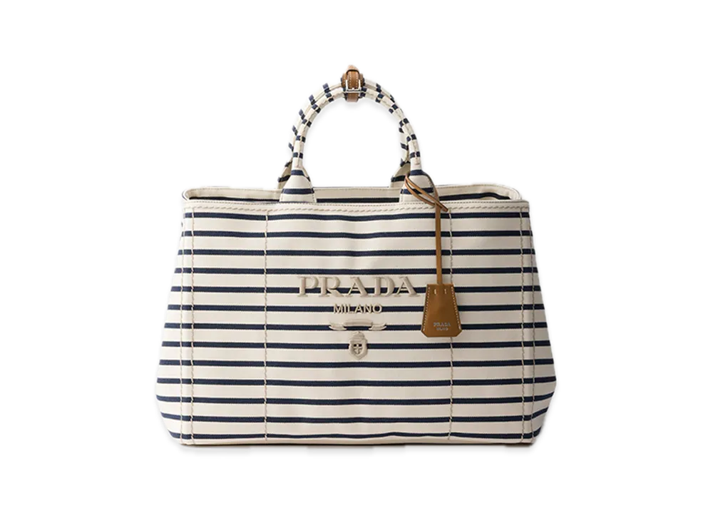 PRADA Stripe Canvas Tote Bag "Ivory/Blue"