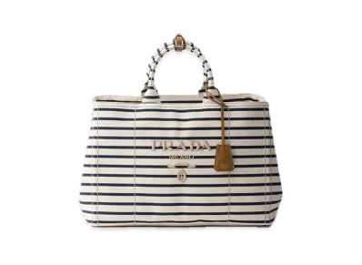 PRADA Stripe Canvas Tote Bag "Ivory/Blue"