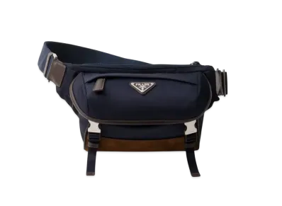 PRADA Small Re-Nylon and Leather Shoulder Bag "Navy/Dark Brown"