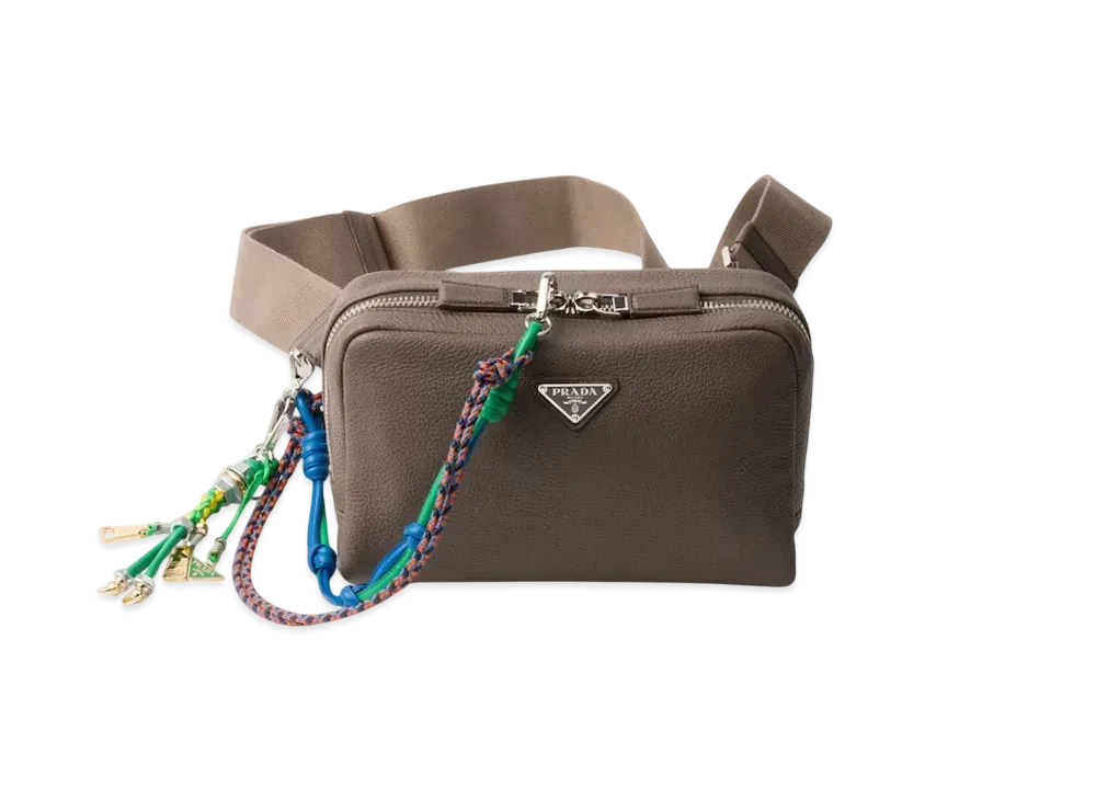 PRADA Leather Shoulder Bag with Charm "Gray Brown"