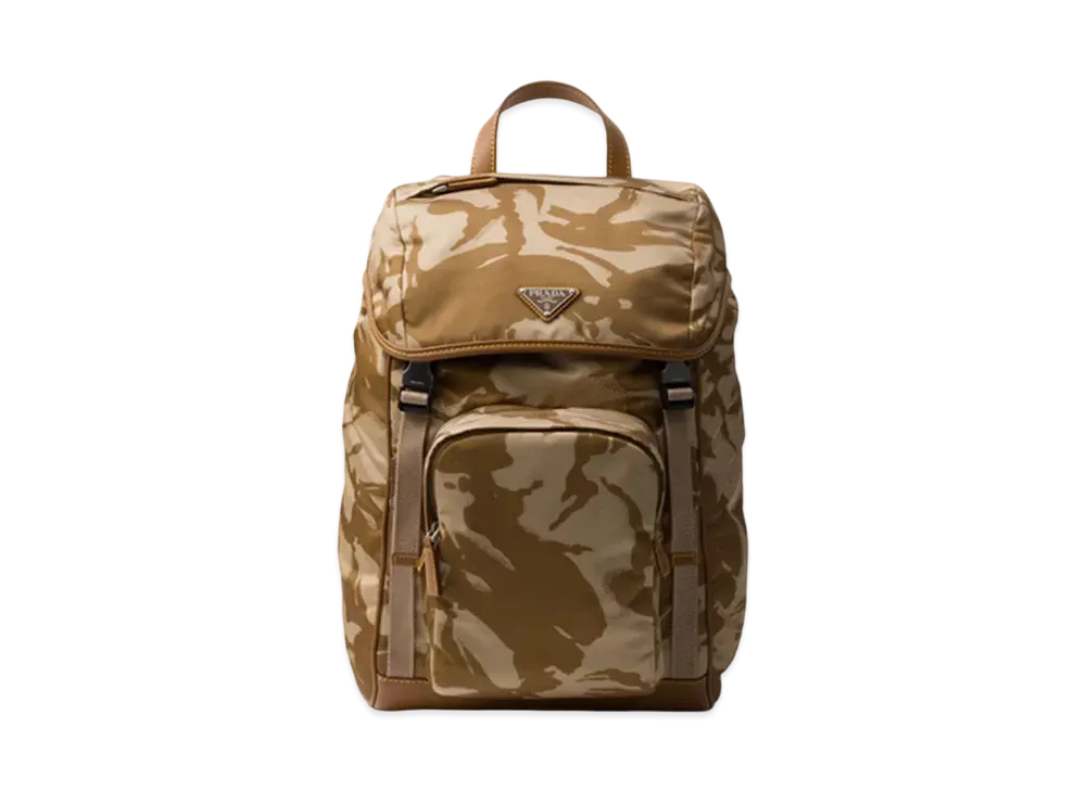 PRADA Printed Re-Nylon and Leather Backpack "Khaki"