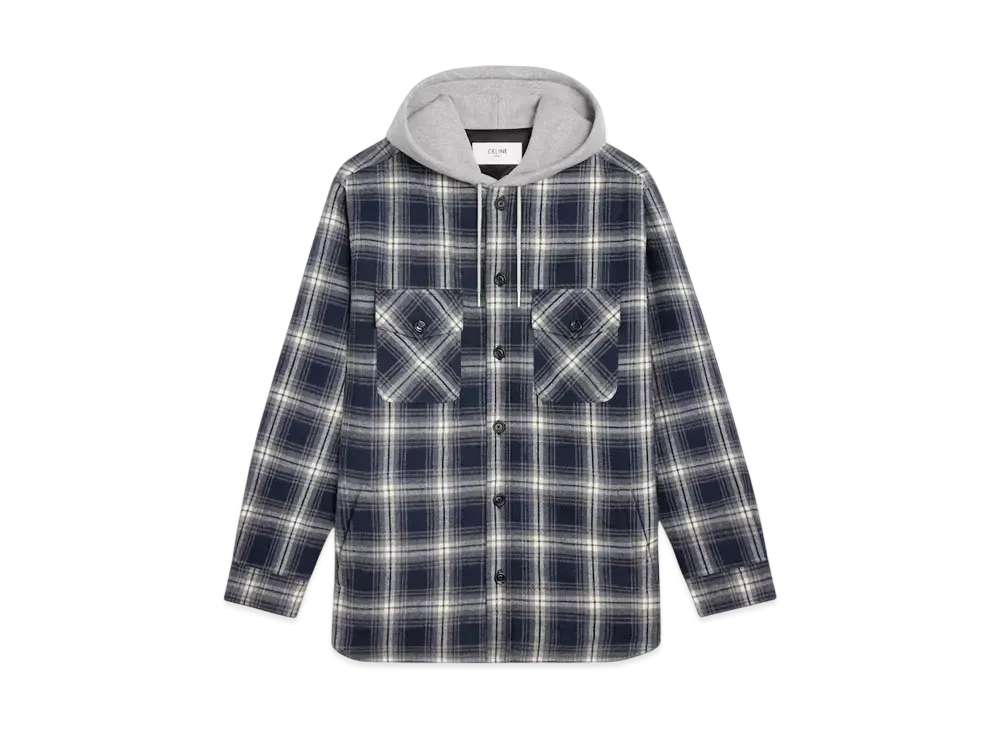 CELINE Men's Hooded Overshirt in Checked Cotton "Navy"