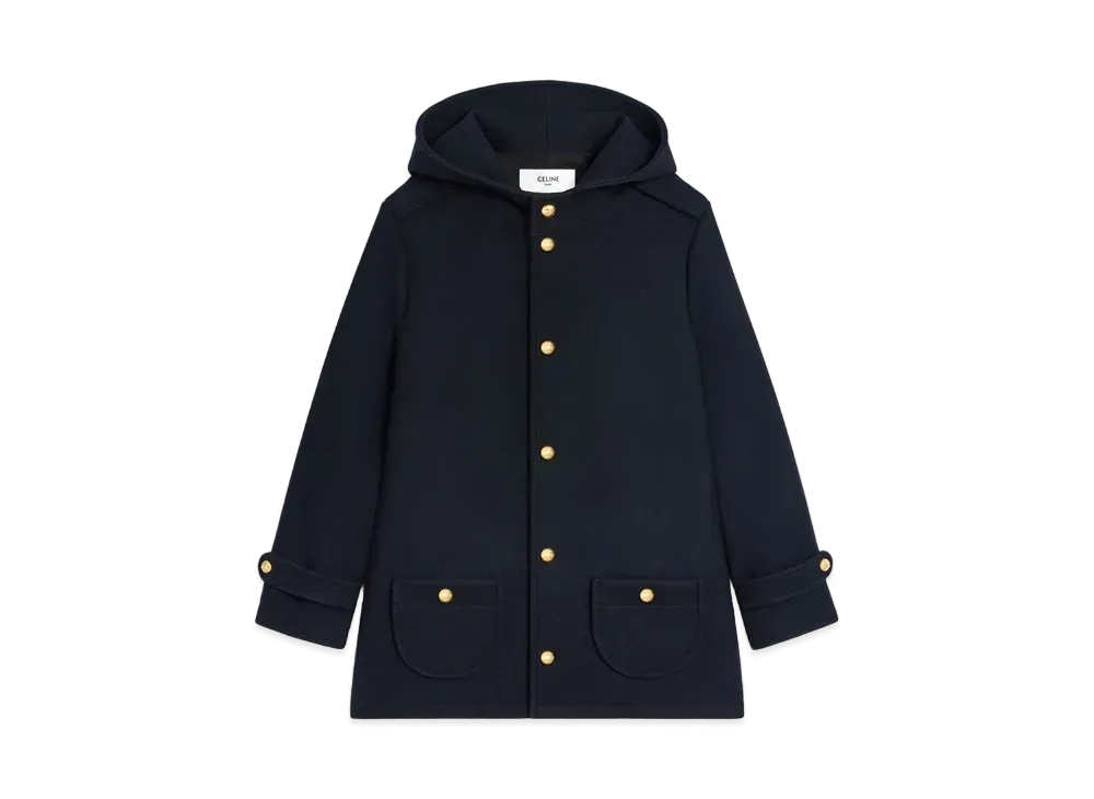 CELINE Hooded Triomphe Coat In Wool Felt "Navy"