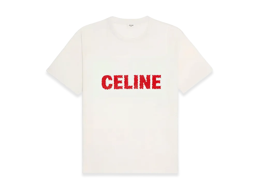 セリーヌ ロゴラインストーンコットンルーズTシャツ "ホワイト" 2X15M671Q.01OR