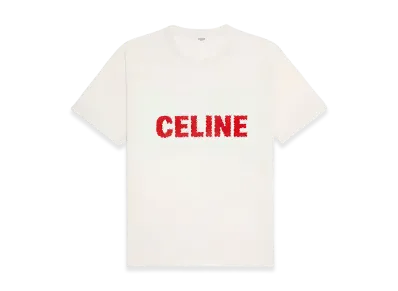 CELINE Logo Rhinestone Cotton Loose T-Shirt "White"