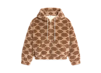 CELINE Hooded Jacket In Triomphe Wool and Fur "Hazelnut/Fiselle/Off-White"