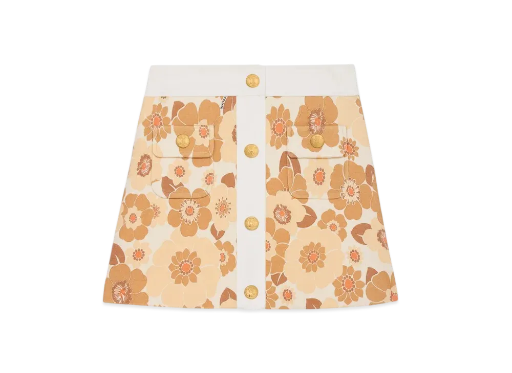 CELINE Women's Trapeze Mini Skirt in Wool Jersey "Cream/Orange"