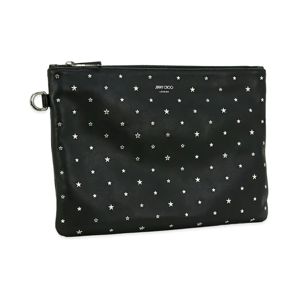 Jimmy Choo Star Stud Logo Leather Clutch Bag with D-Ring "Black/Silver"