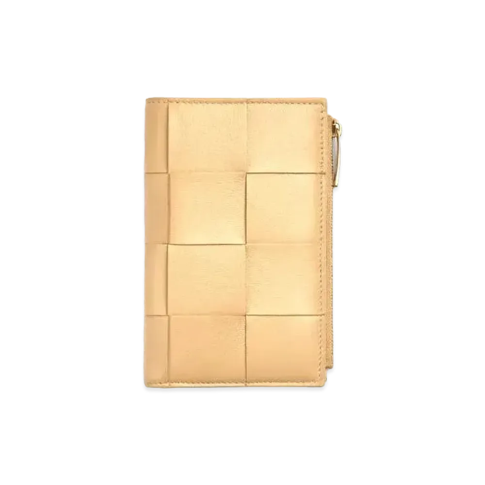 Bottega Veneta Casette Maxi Intrecciato Lambskin Medium Bi-fold Zip Wallet "Porridge"