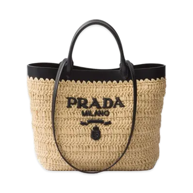 PRADA Women's Small Crochet And Leather Tote Bag "Beige"