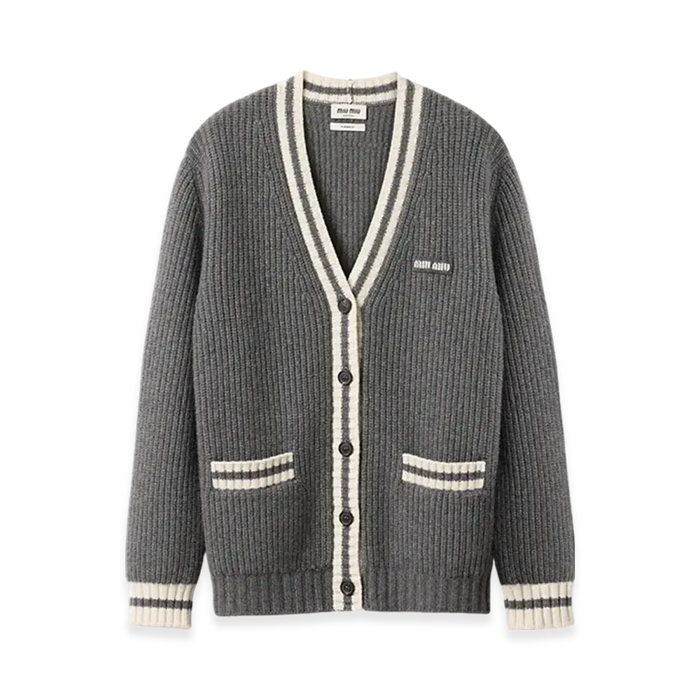 MIU MIU Women's Ribbed Knit Wool and Cashmere Cardigan "Slate Gray"