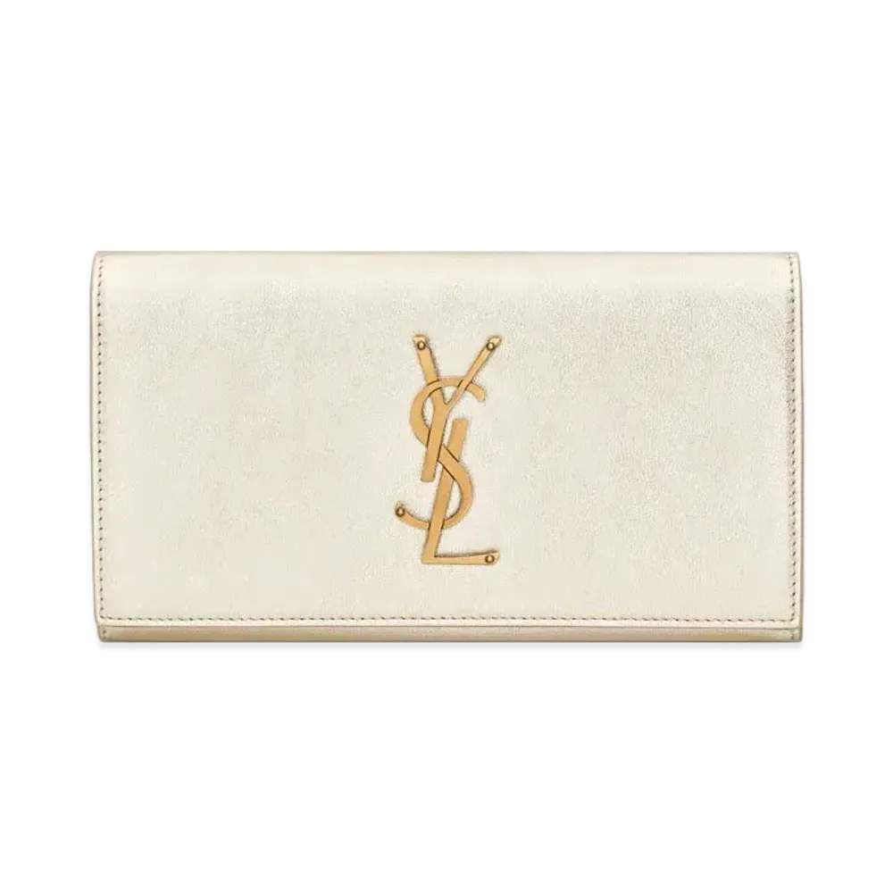 SAINT LAURENT Monogram Large Flap Wallet In Metallized Leather "Pale Gold"