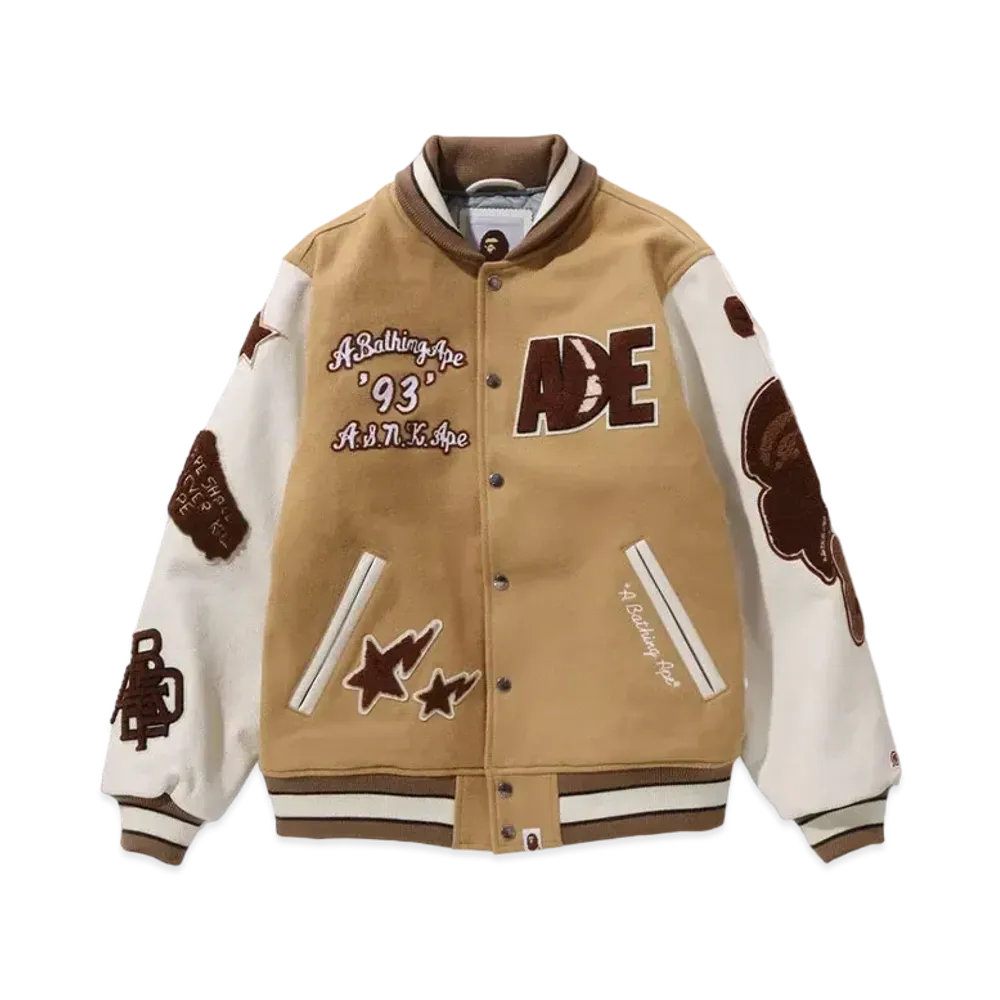 A BATHING APE Bape Multi Motif Varsity Jacket "Beige"