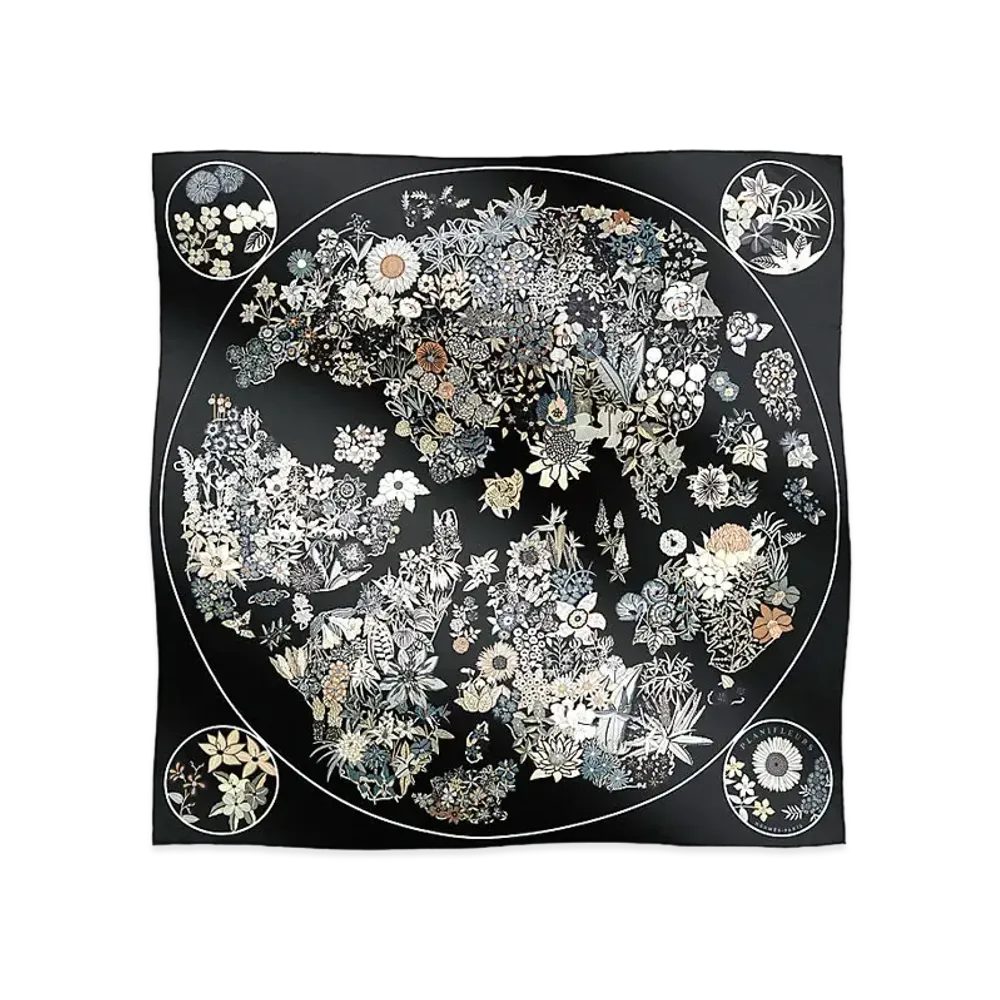 Hermes Carre 90 Planifleurs "Noir/Grey/Parchemin"