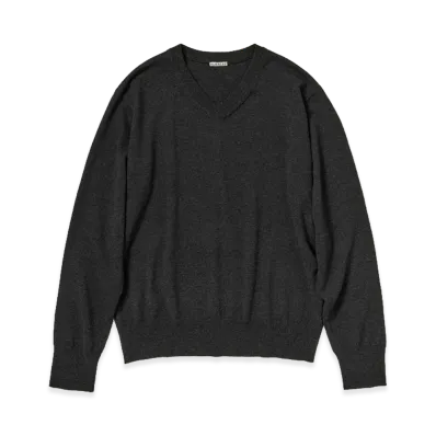 AURALEE High Twist Wool Knit V-Neck P/O "Charcoal"
