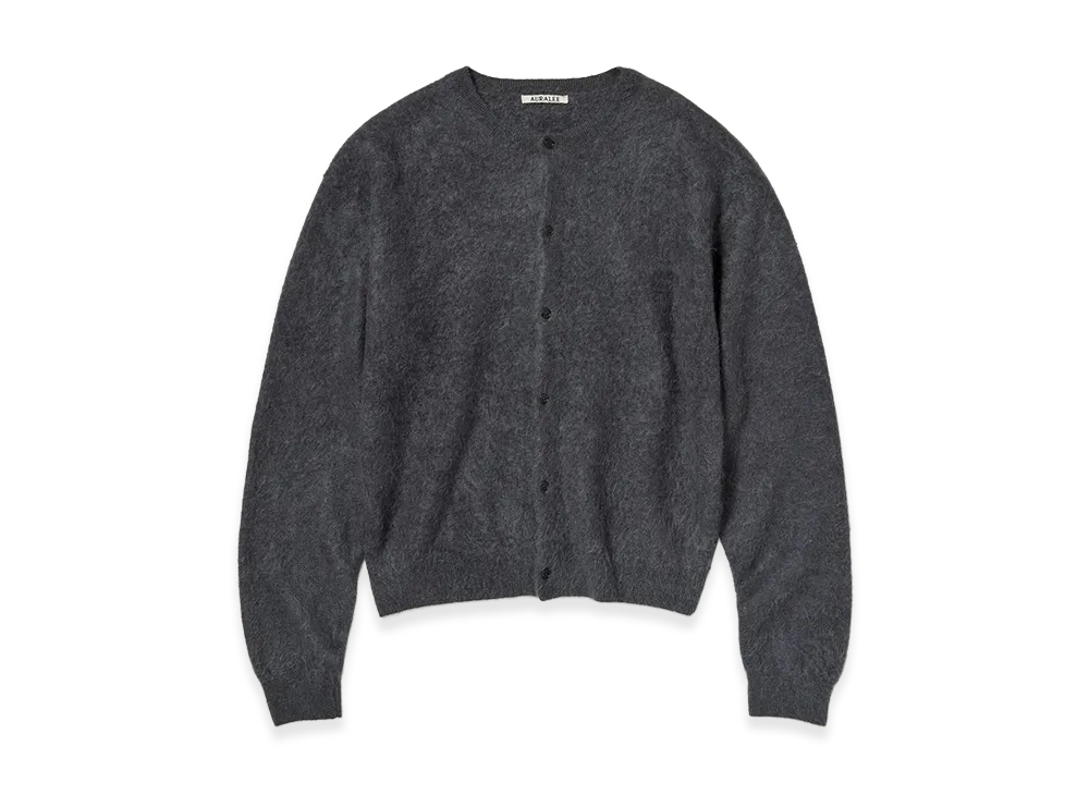 AURALEE Garment-Dyed Baby Alpaca Fur Knit Crew-Neck Cardigan "Dark Gray"