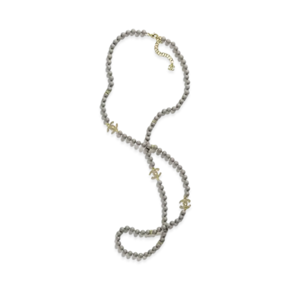 CHANEL Long Necklace Metal, Glass Pearls & Strass "Gold/Gray"
